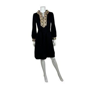 Vintage 70s Cocktail Dress Womens S Black Wool Gold Embellished Collar & Cuffs L